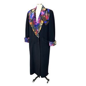 Canvasbacks Lutton Horsfield Wool Coat Size Small Long Black Floral Velour READ